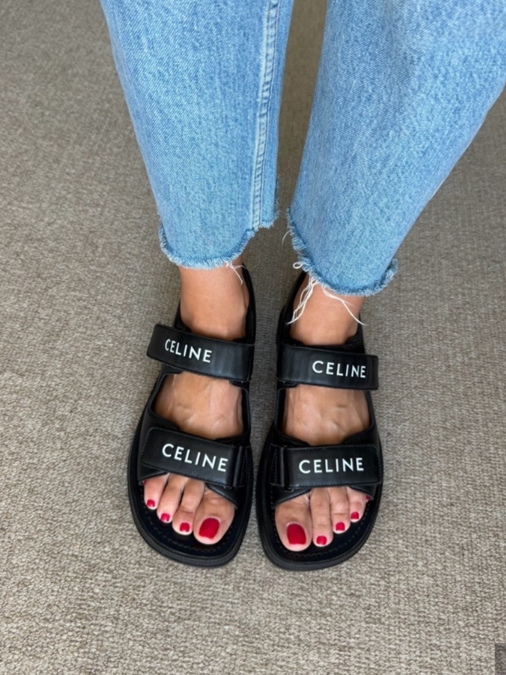 Celine Black Leather Triple-Strap Logo Sandals